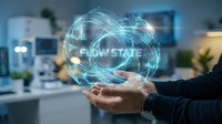 Flow state concept with glowing digital sphere in hands, representing peak performance, productivity, and focused mental engagement in modern workplace environments.