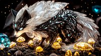 Mystical fox spirit with glowing blue eyes resting among luminous golden mushrooms in enchanted dark forest, fantasy digital art style with magical sparkles.