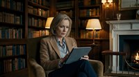Mature woman with blonde hair, Caucasian ethnicity, wearing professional brown blazer and blue shirt, holding tablet device while seated in elegant library armchair surrounded by bookshelves and warm lighting from table lamps near fireplace, suitable for business, education, and professional lifestyle content.