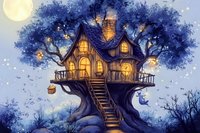 Magical treehouse cottage with glowing windows nestled in branches under full moon, wooden staircase leading to entrance, lanterns illuminating night scene in blue tones.