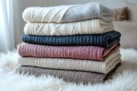 Stack of folded cozy knitted sweaters in pastel and neutral colors arranged on white fur background, showcasing different textures and patterns in winter clothing.