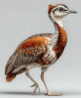 Detailed game bird with ornate plumage featuring orange, brown and white feathers isolated on neutral background for wildlife and nature designs.