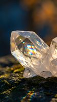 Clear quartz crystal with rainbow light refraction on dark stone surface creating prismatic spectrum effects for healing and meditation concepts.