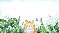 Adorable orange tabby cat sitting among lush tropical plants and ferns with butterflies on white background for design projects.