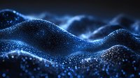 Glowing blue particles forming dynamic wave pattern against dark background, abstract digital visualization with luminous dots and flowing motion effect.