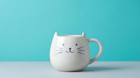 White ceramic cat mug with cute face and ears on turquoise background. Kawaii style coffee cup for kitchen decor and beverage enjoyment.