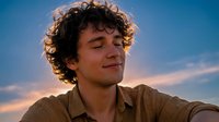 Young man with curly hair enjoying peaceful moment outdoors during golden hour sunset with eyes closed in serene expression against blue sky background.