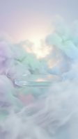 Glass platform floating in dreamy pastel clouds with soft rainbow colors for product display and presentation backgrounds.