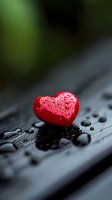 Red heart with water droplets on wet wooden surface with blurred green background for romantic greeting cards and love concepts.