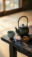 Traditional Japanese tea ceremony setup with ceramic teapot and cup on rustic wooden table in warm sunlight for meditation and mindfulness practices.