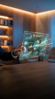 Businessman analyzing holographic financial data dashboard with growth charts and analytics in modern office environment for business intelligence.