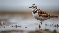 Ruddy turnstone shorebird standing on wet sand beach with shallow water reflections during migration season.