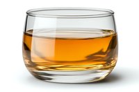 Glass of amber colored whiskey or bourbon in round lowball tumbler isolated on white background, showing liquid clarity and reflective surface.