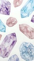 Watercolor gemstones and crystals in purple, pink and blue tones scattered on white background for jewelry design and spiritual wellness projects.