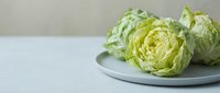 Fresh green iceberg lettuce heads on ceramic plate against neutral background for healthy eating and cooking concepts.
