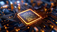 Glowing processor chip on circuit board with orange light effect and digital pathways, modern computing technology concept for semiconductor industry.