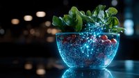 Glowing blue liquid in glass bowl with fresh green arugula leaves and red berries, creating magical luminescent effect against dark background. Modern food photography.