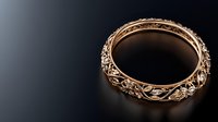 Luxurious rose gold wedding band with intricate floral filigree pattern and diamond accents on dark background, elegant jewelry photography for bridal collections.