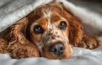 Adorable red cocker spaniel dog resting on white bedding with expressive brown eyes and fluffy ears for pet care and companionship concepts.