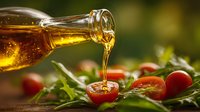 Golden olive oil pouring from glass bottle onto fresh cherry tomatoes and green leaves for healthy cooking and Mediterranean cuisine preparation.