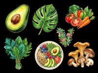 Watercolor vegan food clipart set with avocado, mushrooms, greens, veggies, bowl, and monstera leaf. Isolated on transparent background, ready for stickers, t-shirt design, print on demand.