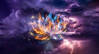 Mystical lotus flower with glowing flames and magical energy against dramatic purple storm clouds. Fantasy spiritual meditation concept for wellness designs.