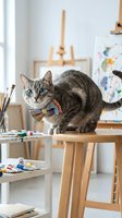 Tabby cat wearing colorful bow tie standing on wooden table in artist studio surrounded by paintbrushes, palettes, and canvas. Creative pet concept for design projects.