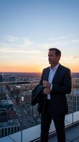 Confident middle-aged Caucasian businessman in dark suit standing on rooftop terrace overlooking city skyline at golden hour sunset for corporate success concepts.