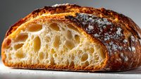Freshly baked artisanal sourdough bread with golden crust and airy crumb structure, showcasing rustic texture and natural fermentation.