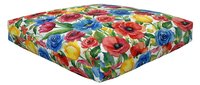 Colorful floral cushion with vibrant roses, poppies, and blue flowers on multicolored background. Outdoor seating pad for garden furniture and patio decor.