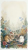 Watercolor floral frame with cute mice couple surrounded by botanical elements, flowers and decorative swirls on textured paper background for greeting cards.