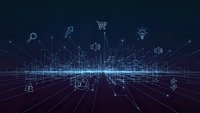 Digital technology network with glowing grid lines and business icons on dark blue background for modern tech presentations and corporate materials.