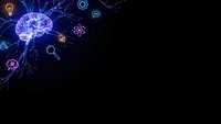 Digital brain with glowing neural networks and scientific icons on dark background for technology and artificial intelligence concepts.
