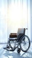 Empty wheelchair in bright hospital corridor with sunlight streaming through windows for healthcare and mobility concepts.