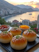 Fresh baked buns with herbs on slate board overlooking coastal sunset bay with mountains and resort buildings in background for dining concepts.