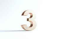 Wooden number three standing upright on white background with soft shadow, minimalist design for counting, mathematics and typography projects.