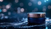 Luxury cosmetic cream jar on dark blue sparkly background with bokeh lights and water drops, premium skincare product photography for beauty advertising.