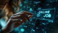 Female hand touching virtual screen with online job search interface in blue digital environment with glowing data visualization and security icons.