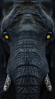 Close-up portrait of African elephant face with bright yellow eyes and textured dark skin showing detailed wrinkles and ivory tusks against black background.