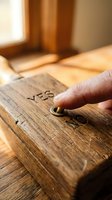 Close-up of a person's hand pointing at engraved text on a wooden surface in warm sunlight, suitable for craftsmanship and personalization concepts.
