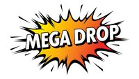 Comic book explosion burst with mega drop text in orange and yellow colors on white background for promotional designs and marketing materials.