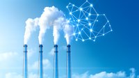 Industrial smokestacks emitting white smoke transforming into digital network connections against blue sky, representing smart factory and industrial digitalization.