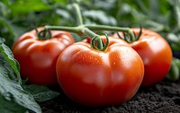 Fresh ripe red tomatoes with water drops and green stems on dark soil background, macro shot with selective focus and natural lighting.