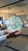 Scientist in white lab coat holding glowing holographic green energy sphere with eco icons in modern laboratory, sustainable future concept.