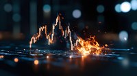 Financial market crash concept with burning stock chart on dark background with bokeh lights, dramatic trading visualization for business crisis.