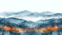 Atmospheric mountain landscape with misty blue ridges and vibrant orange wildflowers in foreground, perfect for nature-themed designs, wall art, and meditation visuals.