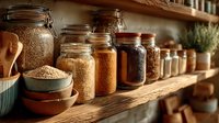 Rustic kitchen pantry shelves displaying glass jars filled with various grains, spices, and dry goods in warm natural lighting for cooking and food storage.