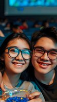 Young Asian couple wearing glasses enjoying movie at cinema with snacks and drinks, illuminated by blue screen light in dark theater atmosphere.