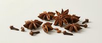 Star anise spices and cloves scattered on white background, aromatic cooking ingredients for culinary recipes and seasonal baking projects.