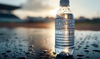 Clear plastic water bottle with condensation droplets against blurred sunset background, water drops on reflective surface create dramatic lighting effect.